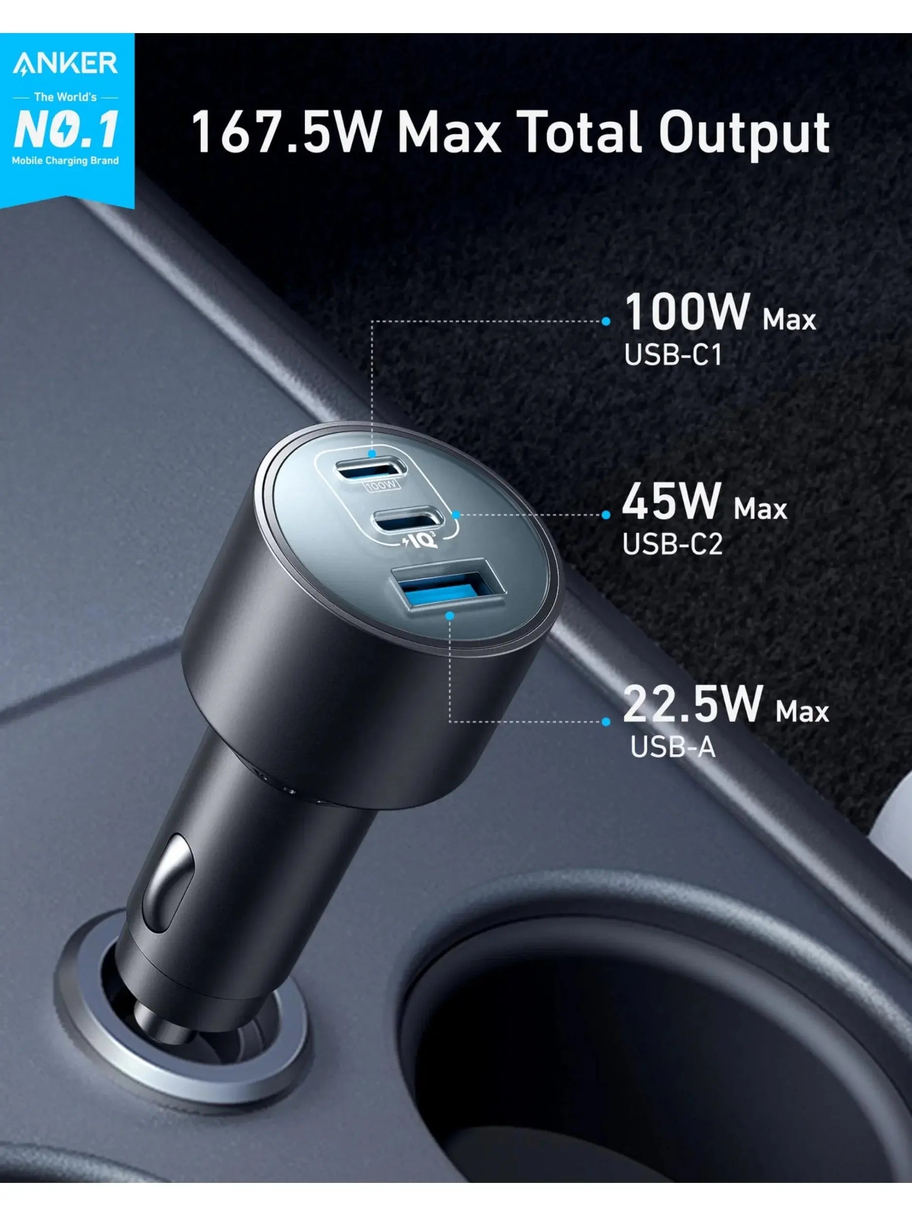 Anker USB-C Car Charger, 167.5W Max 3-Port Fast Car Charger, for MacBook Pro/Air, iPhone 15/14 / 13 Series, Samsung S24 / S23, Car Mobile World
