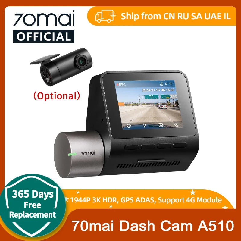 70mai Dash Cam A510 1944P HDR GPS ADAS 4G Connectivity 70mai 4G Front Cam A510 Car DVR 24H Parking Support Rear Cam Car Mobile World