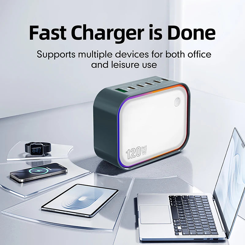 AIXXCO 120W GaN Fast Charger 6-Port USB-C PD QC3.0 Travel Charging Adapter for Laptops iPhone iPad Samsung