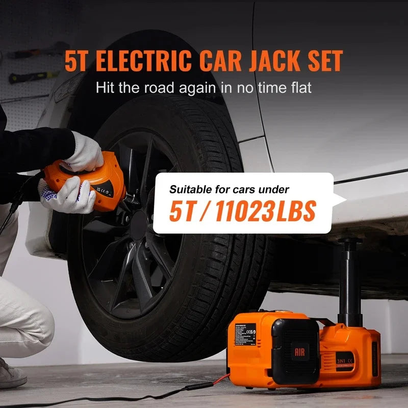 5T Electric Car Jack Hydraulic Jack with Electric Impact Wrench Built-in Inflatable Pump, LED Light for SUV Sedan Truck