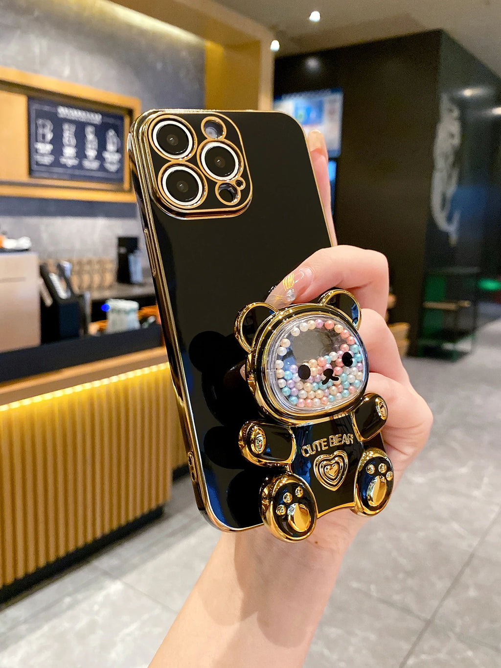 Luxury Plating Cute Pearl Bear Holder Phone Case For iPhone 17 16 15 14 Plus 13 12 Mini 11 Pro Max X XS XR 7 8 SE Back Cover