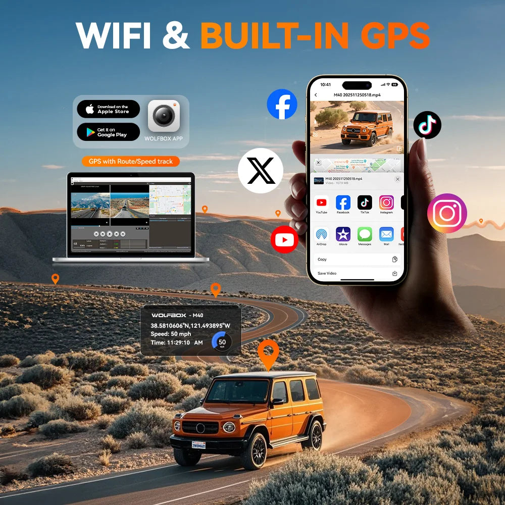 WOLFBOX M40 Dash Cam 4K+1080P With Voice Control ADAS Built in 5GHZ WI-FI and GPS Video Recorder Front and Rear Dash Camera Car Mobile World