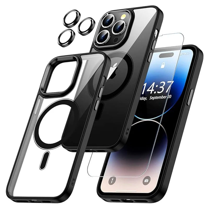 Clear Black Magnetic Case for iPhone 17 16 15 14 Pro Max Plus 13 12 Mini 11 with Screen Protector Lens Protector Mobile Cases Car Mobile World