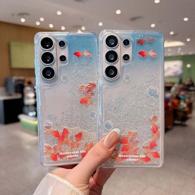 for Samsung Galaxy S26 Ultra S25 Plus S24 Phone Case 3D Goldfish Bling Dynamic Liquid Quicksand Clear Flow Shockproof Back Cover