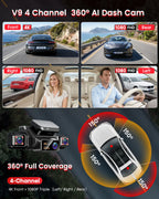HUPEJOS V9 4CH 360° 4K Dash Cam, AI DMS Monitor, WiFi & GPS, Night Vision, Touch Screen & Voice Control, 24/7 Parking Mode