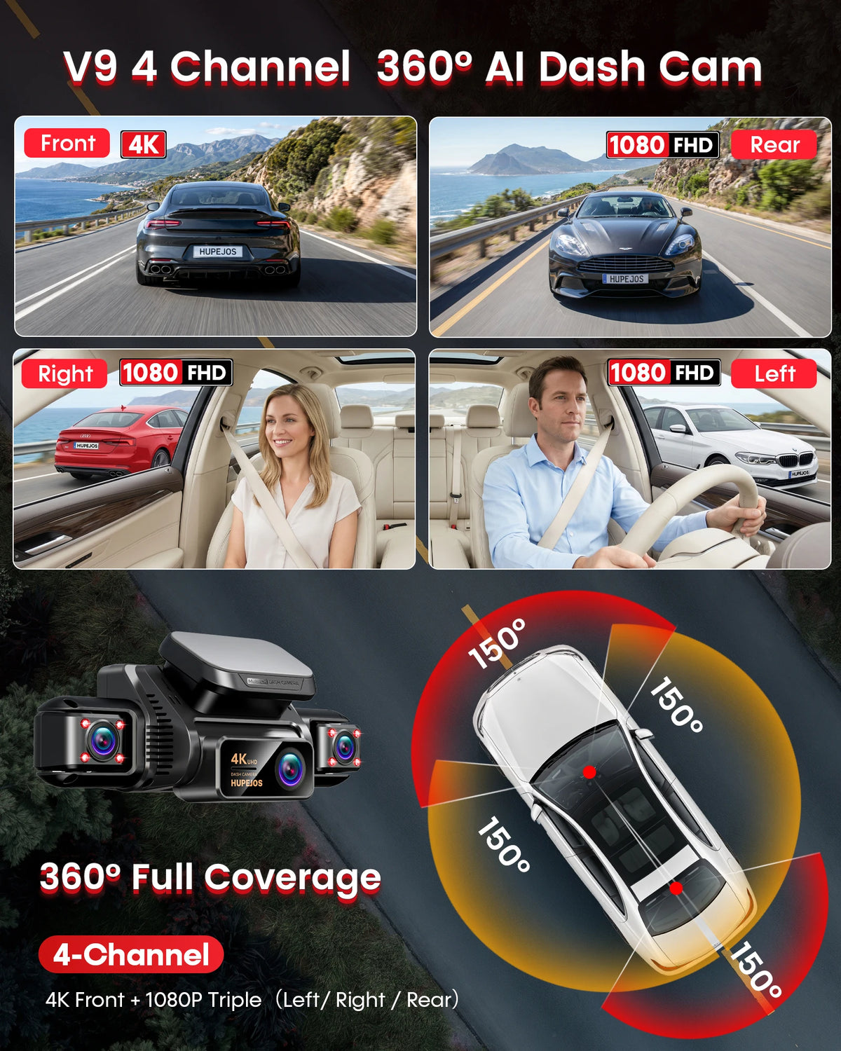 HUPEJOS V9 4CH 360° 4K Dash Cam, AI DMS Monitor, WiFi & GPS, Night Vision, Touch Screen & Voice Control, 24/7 Parking Mode