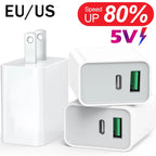 5V 2.4A Universal USB PD Fast Charger For iPhone 15 iPad Samsung Xiaomi Huawei Tablet Laptop US EU Plug Dual Port Power Adapter