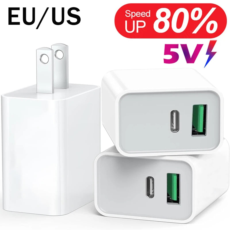 5V 2.4A Universal USB PD Fast Charger For iPhone 15 iPad Samsung Xiaomi Huawei Tablet Laptop US EU Plug Dual Port Power Adapter