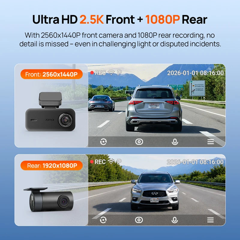 【New】70mai Dash Cam A410 Neo 1440P HDR Dual-Channel Built-in GPS f/1.6 Supercapacitor Wi-Fi 6 24H Parking Car DVR 70mai A410 Neo