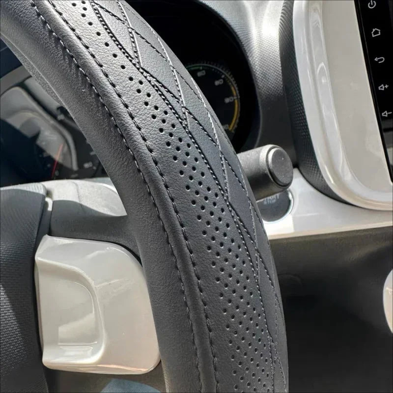 Napa Leather Perforated Patchwork Car Steering Wheel Cover, Non-slip, Breathable, Universal 15 Inch (Approx. 38.1cm) CM World