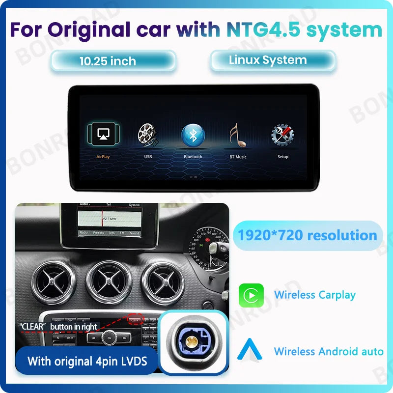 BONROAD 10.25 inch 1920*720 Car Multimedia Wireless CarPlay Android Auto GPS Radio Touch Screen For Mercedes Benz A Class GLA CLA W176 X156 C117 NTG 4.5 5.0 Airplay Autolink Mirroring Car Stereo Touch Screen