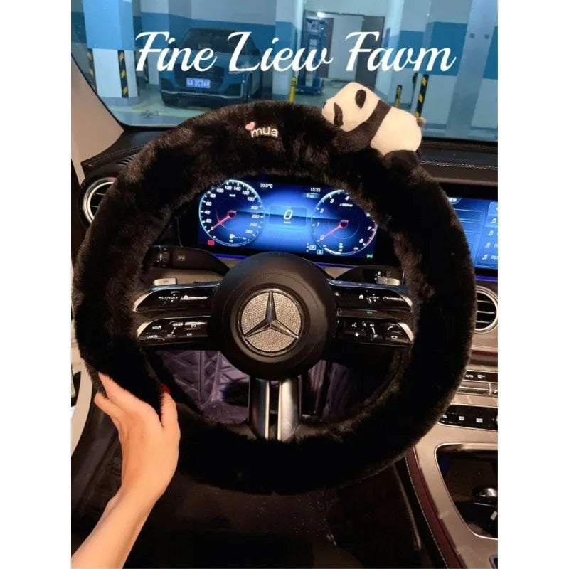 5PCS/Set Panda Plush Steering Wheel Cover for Winter Warm Non-Slip Handle & Gear Shift Cover for Women Car Interior Accessories CM World