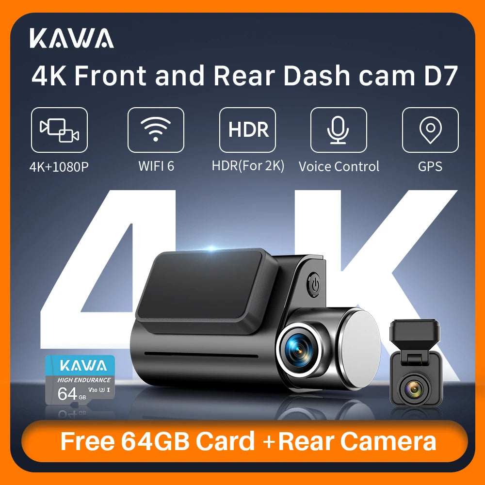 Front and Rear Dash cam KAWA D7 4K,Video Recorder 4K WiFi6 Car Camera,DVR Tiny Rear Camera for AUTO,APP/Voice Control Dashcam Car Mobile World