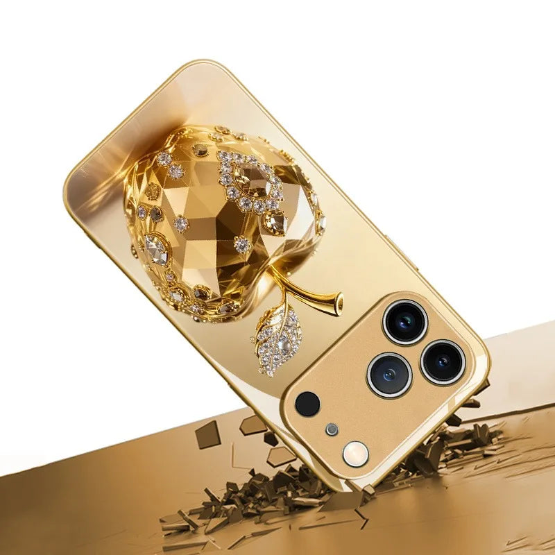 Luxury Jewel For Apple Pattern Gold Metallic Paint Glass Phone Case For iPhone 17 16 15 14 13 12 11 Pro Max Plus 17Air 16E Cover