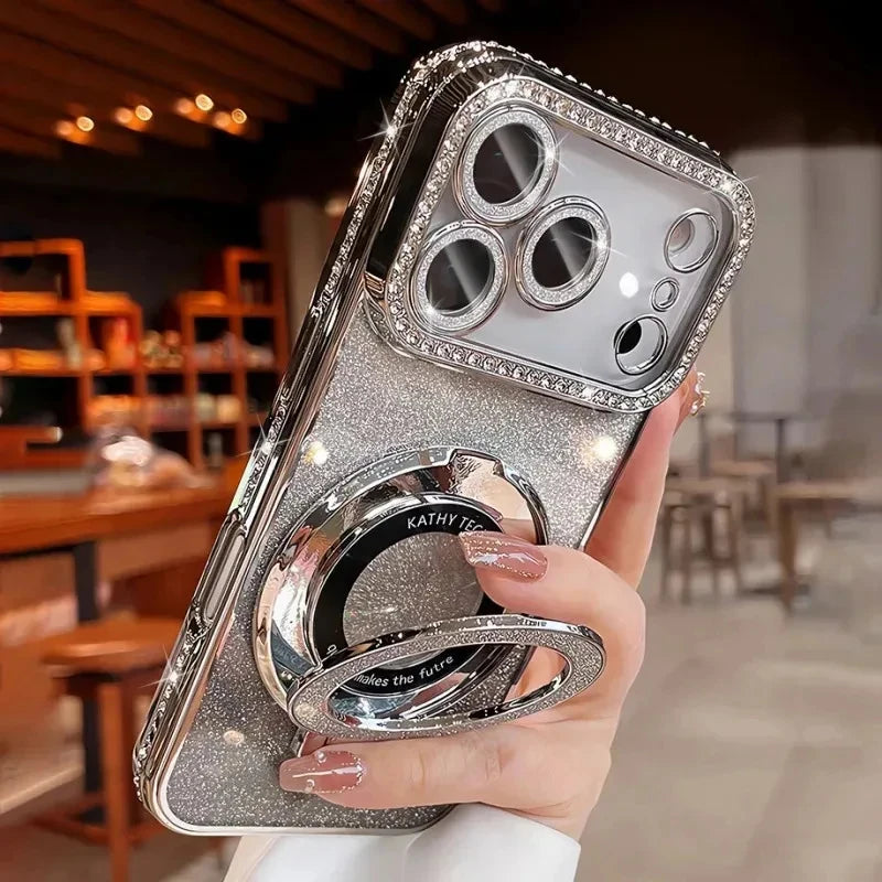 Transparent Diamond Glitter Magnetic Phone Case with Coating，Applicable iPhone 18 17 16 15 14 Pro Max Lens Protection Bracket Ba