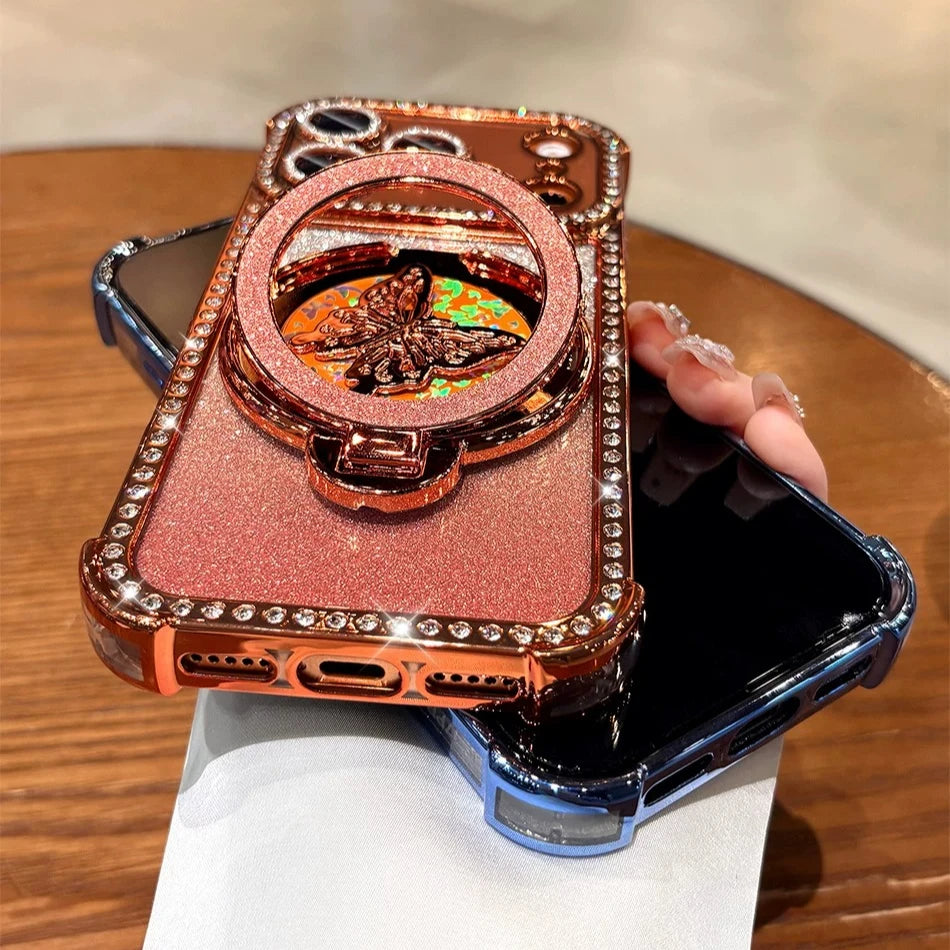 Butterfly Stand Holder Cases For iPhone 17 Pro Max Glitter Diamond Airbag Plating TPU Cover For iPhone 13 14 15 16 17 Pro Max
