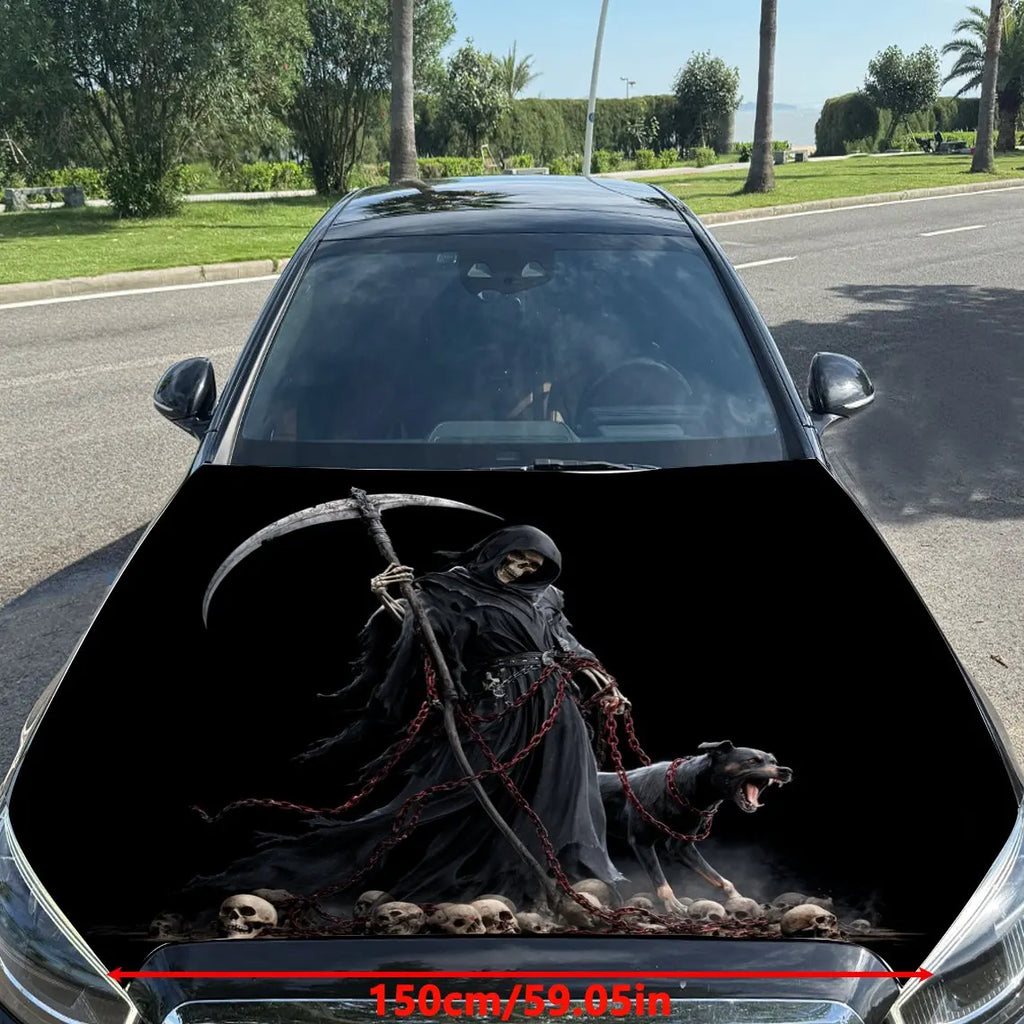Grim Reaper, Chains and Black Dog Car Vinyl Wrap, PVC Material Waterproof Car Hood Sticker, Self-Adhesive Scratch-Resistant Stic