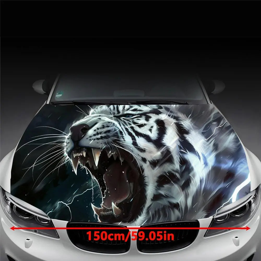 Bengal White Tiger Roaring Lightning Car Hood Wrap Color Vinyl Sticker Truck Graphic Bonnet Auto Accessories Decor Decal Gift