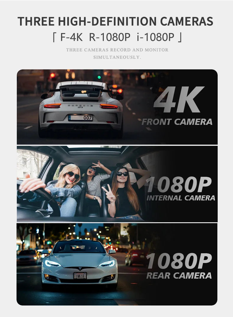 DT-NAVI  New 4K A3 Pro Cam 3 Channel Dash Cam Front 4K+Rear 1080P+Interior 1080P GPS WiFi 24H Parking Monitor Supercapacitor Car Mobile World