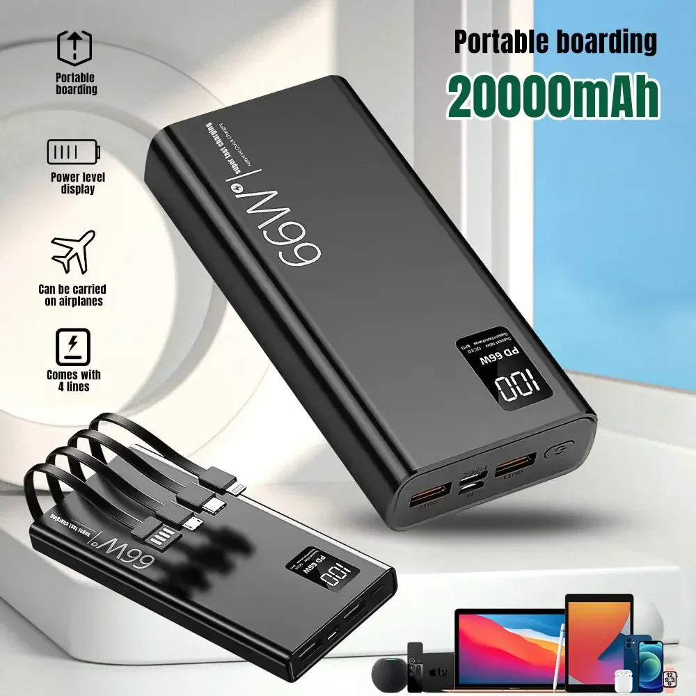 50000mAh Power Bank For Xiaomi iPhone Samsung 66W Super Fast Charging For 22.5W  Built-in 4 Cables Portable Digital Powerbank Car Mobile World