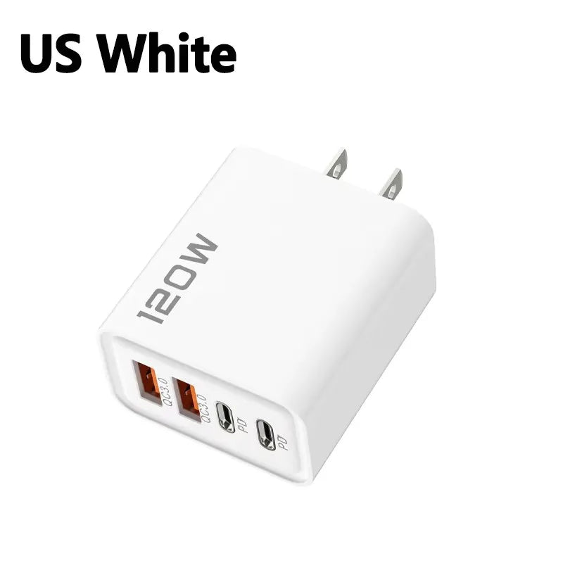 4 Ports 120W Charger USB C PD Quick Charge 3.0 Type C USB Phone Chargers Fast Charging Adapter For iPhone Samsung Xiaomi Huawei Car Mobile World