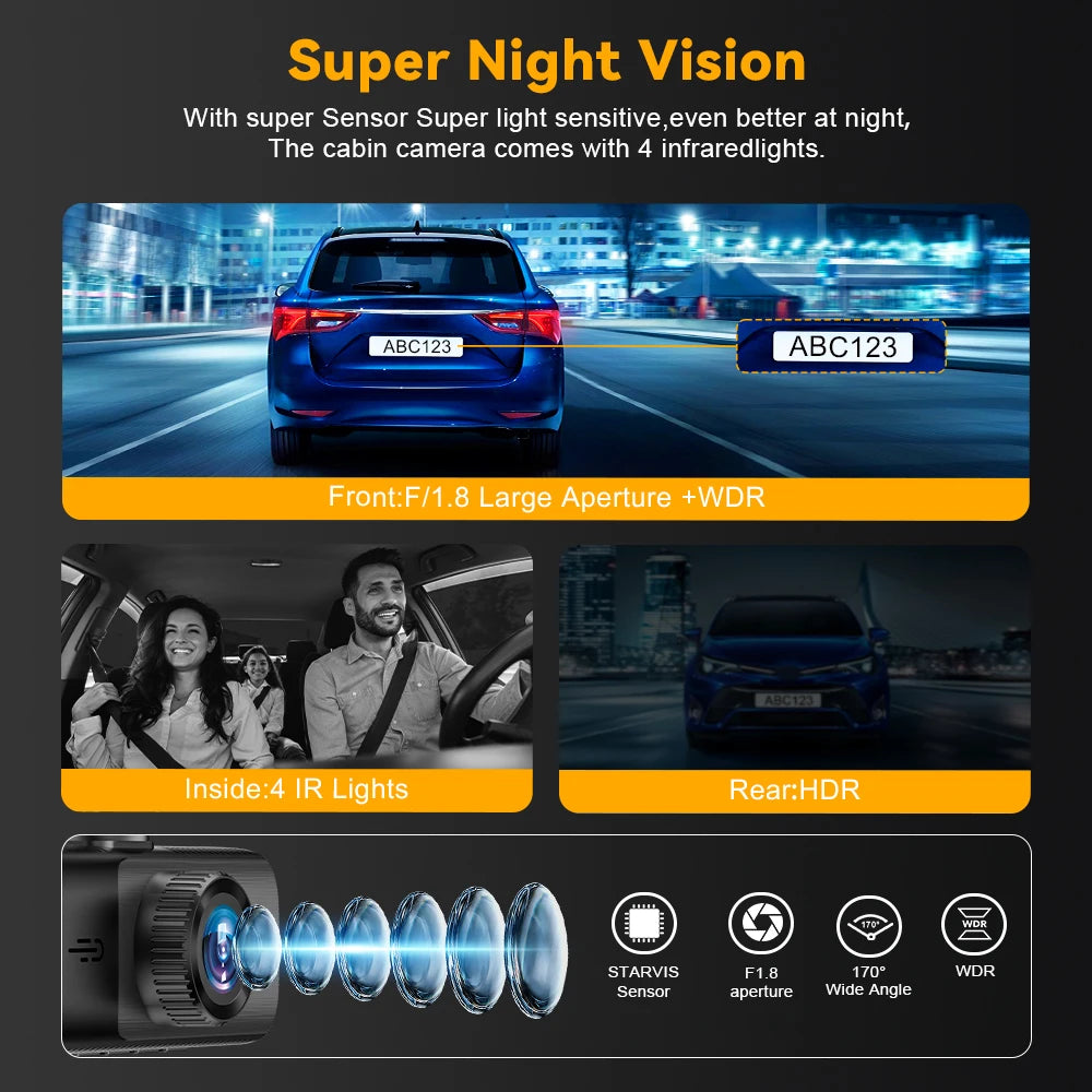 3 Channel WiFi 4K Dash Cam Front and Inside DashCam 1080P Rear Camera Night Vision 24H Parking Car DVR Black Box Support GPS Car Mobile World