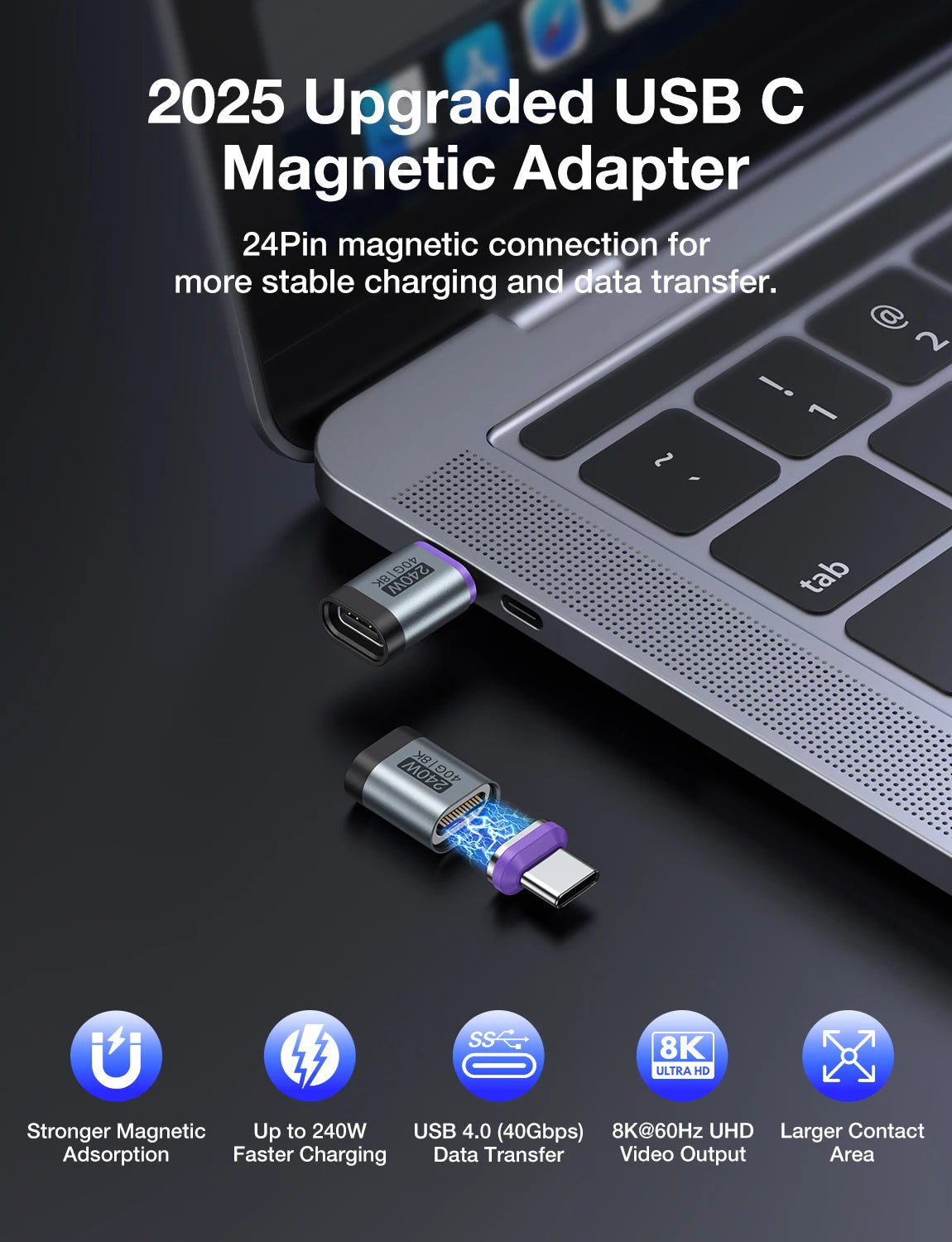 AUFU 240W Magnetic USB C Adapter Fast Charging Type C to USB C USB4 Connector 40Gbps 8K60Hz for Thunderbolt 4 3 iPhone16 Macbook