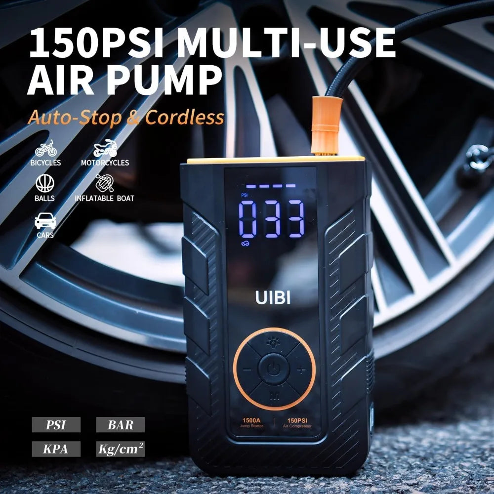 4-IN-1 Car Jump Starter with Air Compressor Peak 1500A Auto Battery Booster 150PSI Air Pump Portable Power Bank Tire Inflator Car Mobile World