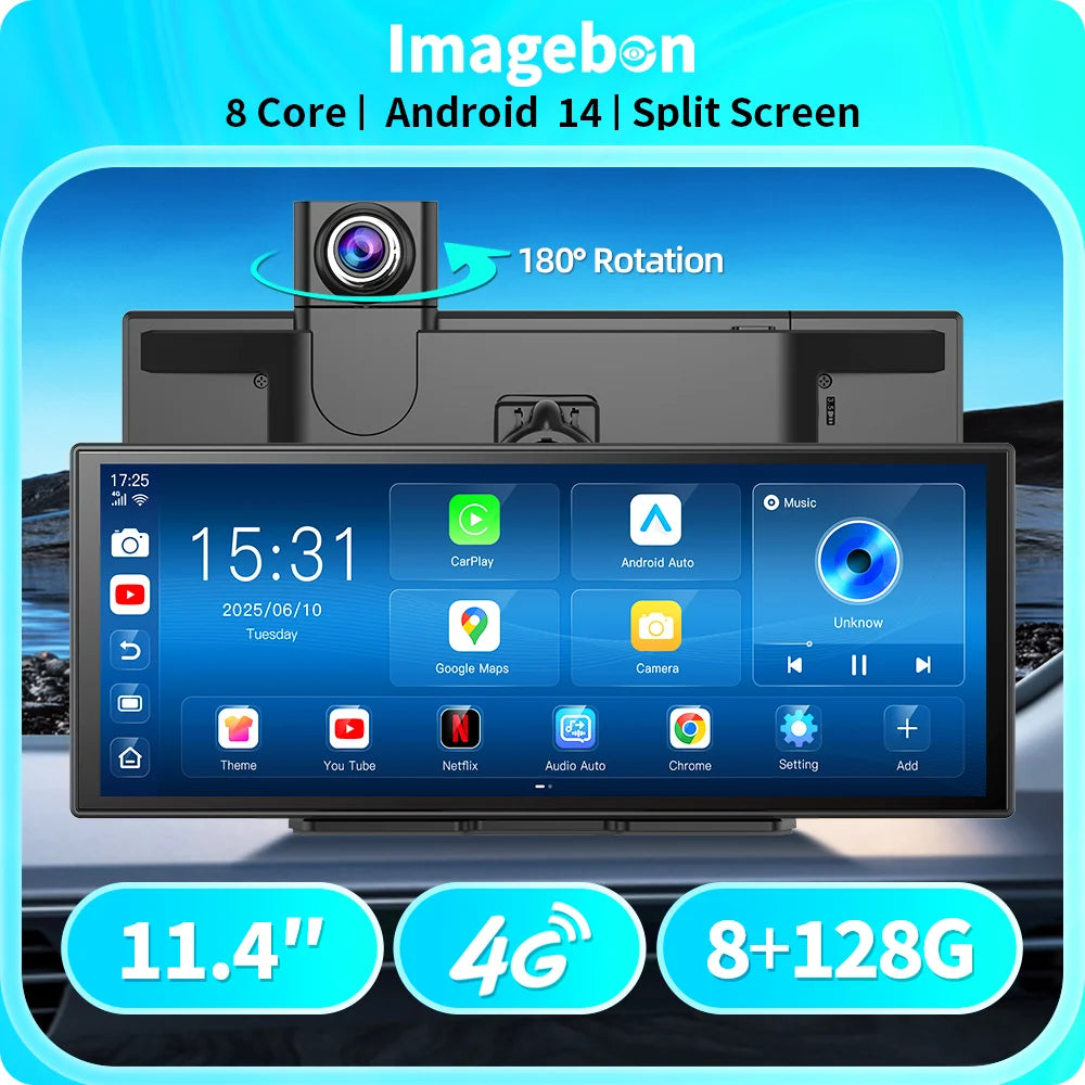 Imagebon M70 11.4" 4G Android 14 8+128G Dashcam 8 Core Wireless CarPlay & Android Auto Split Screen Remote Monitoring Car DVR Car Mobile World