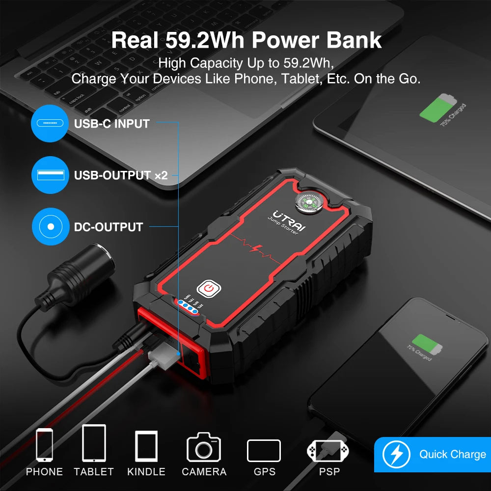 UTRAI Power Bank  2000A Jump Starter Portable Charger Car Booster 12V Auto Starting Device Emergency Car Battery Starter CM World