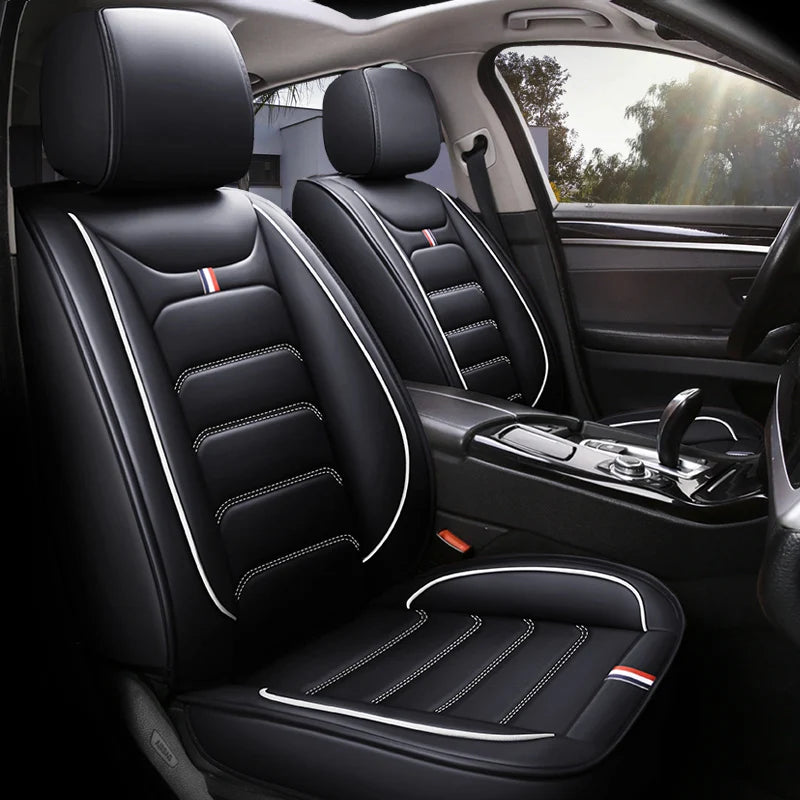 Five-seat car seat covers with dual-tone trim, luxury leather upholstery, fits most vehicles CM World