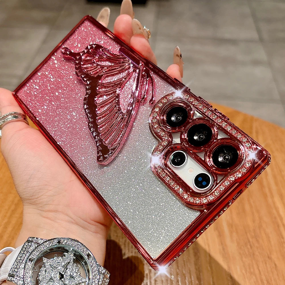 Jewelled Glitter Bling Butterfly Stand Holder Case For Samsung S25 Edge S24 S23 S26 Ultra S22 Plus A73 A54 A16 Shockproof Cover Car Mobile World