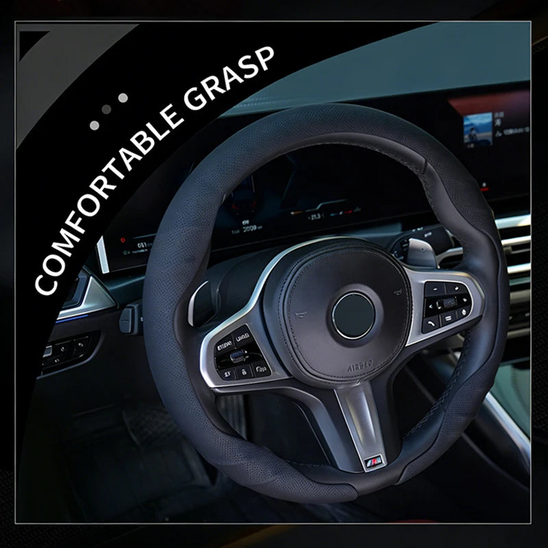 Car Steering Wheel Cover, Anti-Slip and Sweat-Absorbent, Ultra-Thin D-Type with Nappa Texture, Breathable, Universal for All Sea