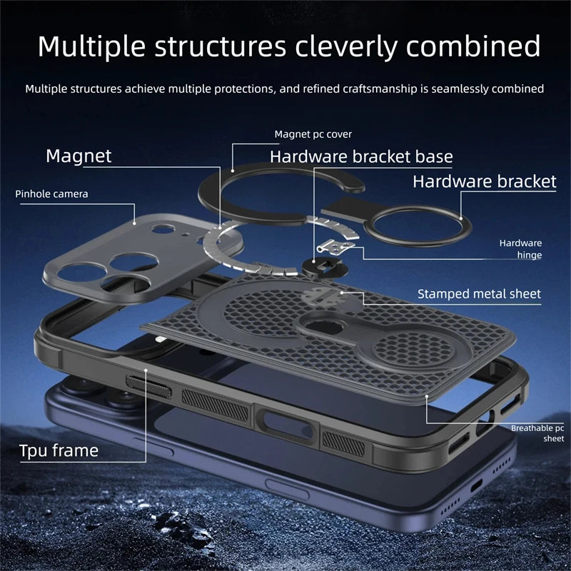 360° Rotate Ring Holder Magnetic Mesh Heat Dissipation Case for iPhone 17 16 15 14Plus 13 12 11 18 Pro Max Air For Magsafe Cover