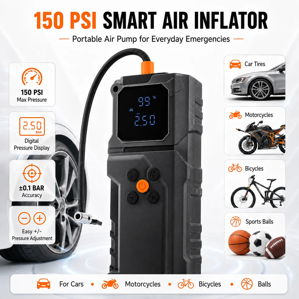 Car Jump Starter Power Bank Portable Air Pump Tire Air Compressor Car Battery Emergency Boosters Starting Device with LED Light