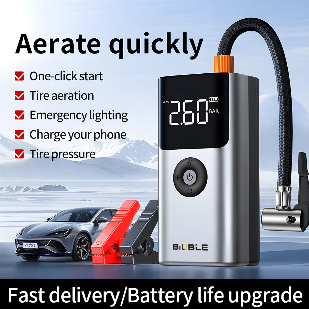 4 In 1 2000A Car Jump Starter 150PSI Air Pump 12V Battery Booster for 8.0L Petrol and 6.0L Diesel Engines