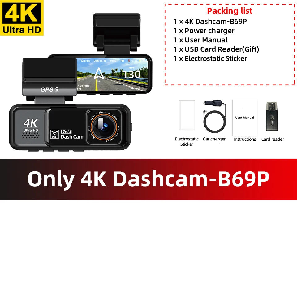 Acceo 4K Dashcam WIFI GPS CAR Video Recorder Dual Lens Support 2.5K Rear Camera Night Vision 24H Parking Monitoring Black Box Car Mobile World