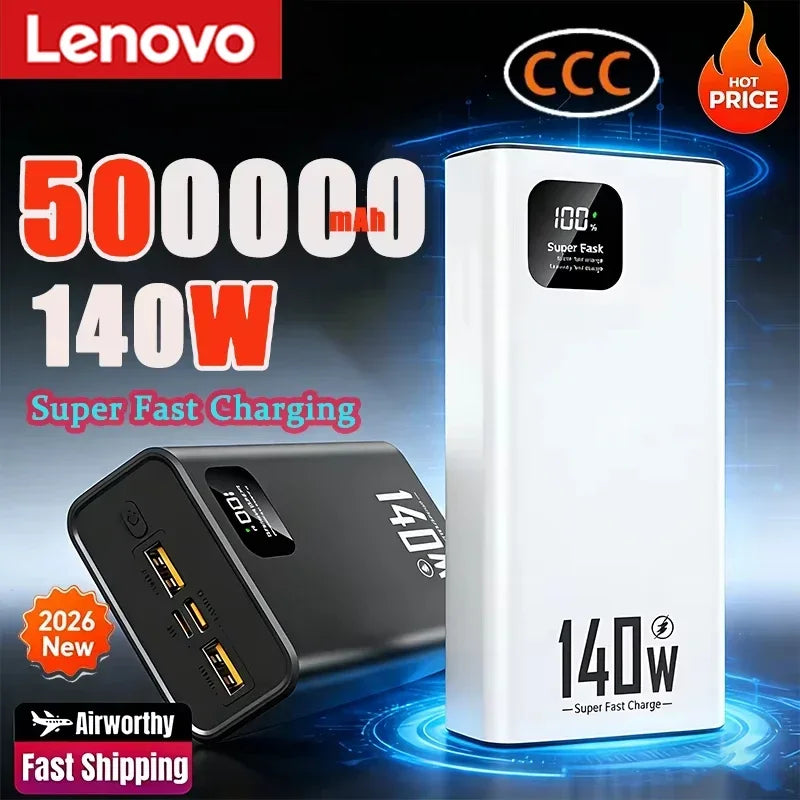Lenovo 140W CCC Power Bank 500000mAh High Capacity Super Fast Charging Portable Battery Charger for iPhone 12-17 Samsung 2026 Car Mobile World