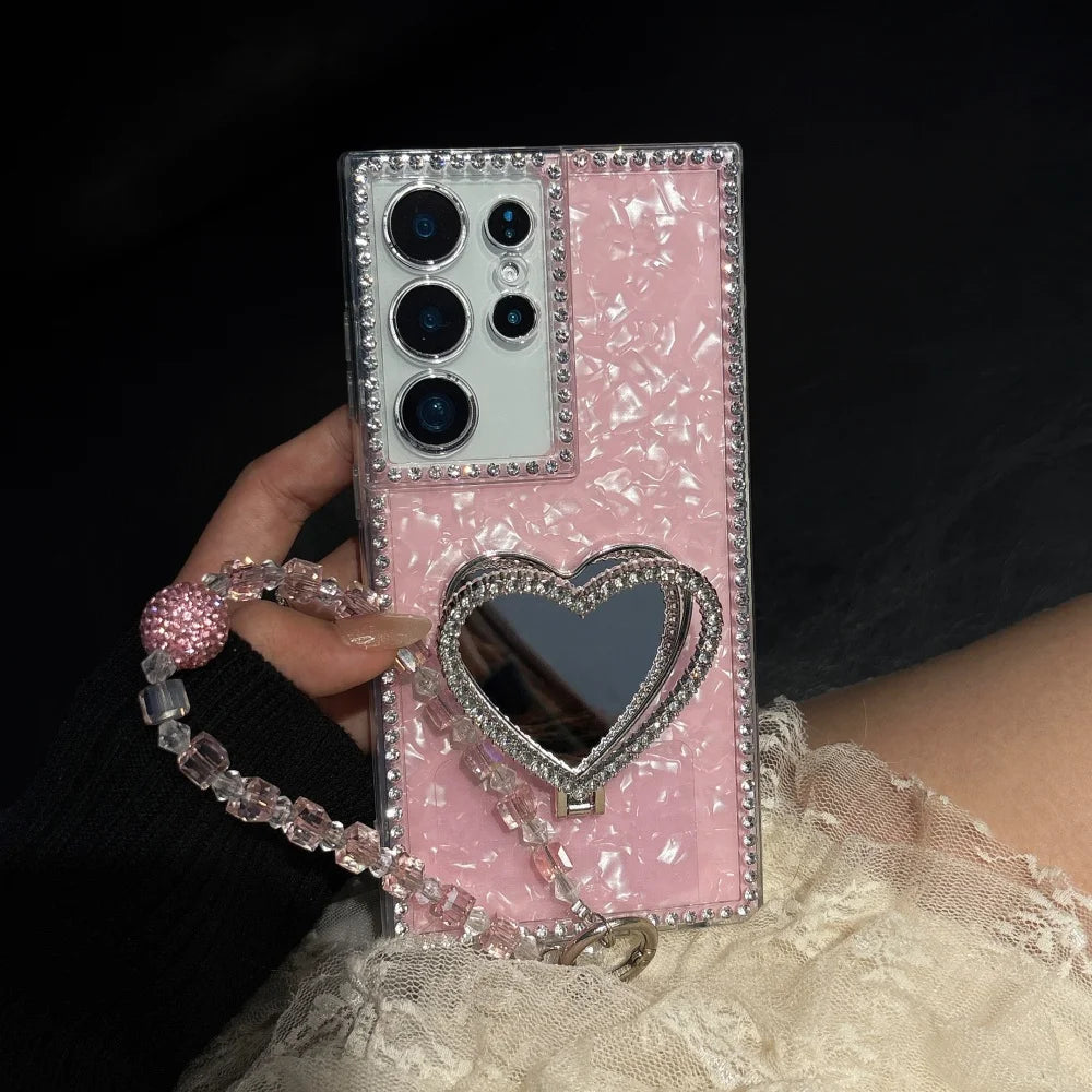 Glitter Love Heart Mirror Bracelet Case for Samsung Galaxy S26 S25 Ultra S24 S22 Plus S23 FE A55 A16 A54 A35 A15 Bracket Cover Car Mobile World