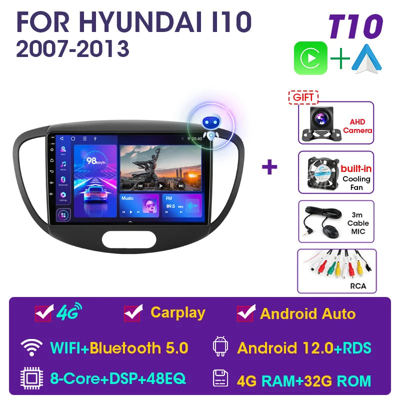 JMCQ 2 Din Car Radio For Hyundai i10 2007 2008 2009 2010-2013 Stereo Multimedia Player Android 12 4G GPS Navigation 2din Carplay CM World