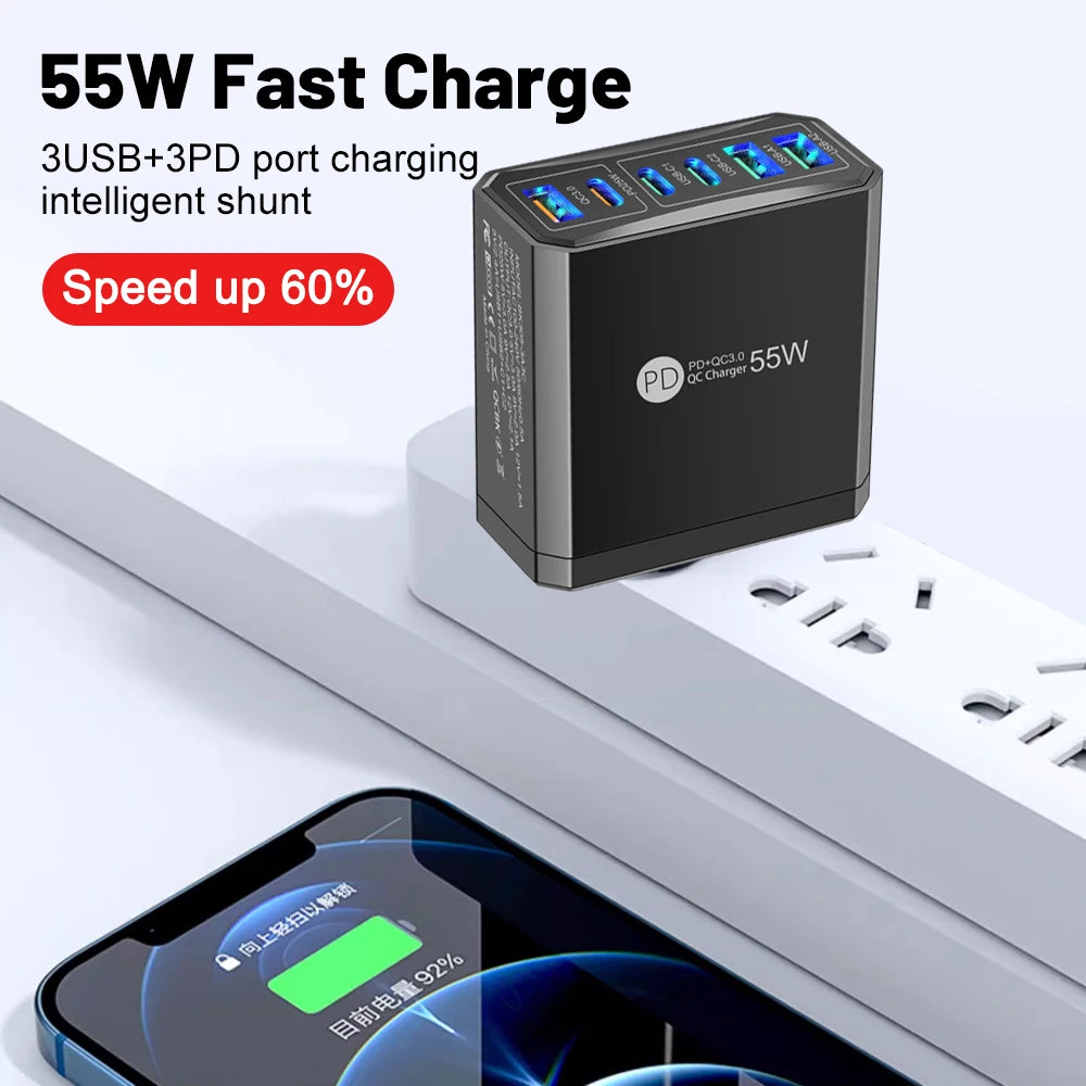 55W 3 USB 3 PD Charger Fast Charging QC3.0 Travel Charger For iPhone 15 14 Samsung Xiaomi Mobile Phone Adapter EU KR US UK Plug Car Mobile World