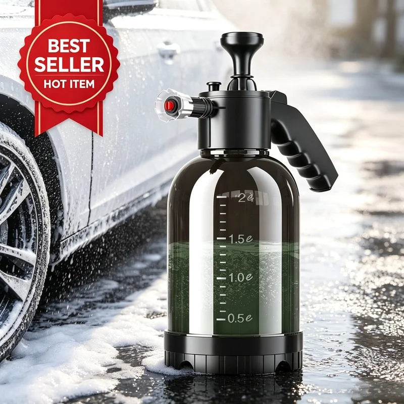 2L Manual Air Pressure Snow Foam Sprayer Hand Press Car Wash Bottle with 3 Replaceable Nozzles for Vehicle Cleaning