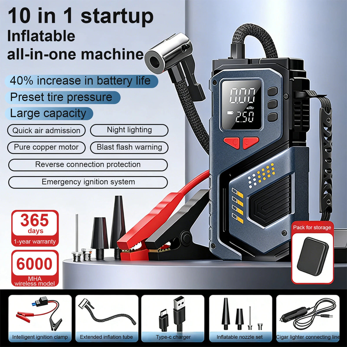 Car Jump Starter For 12V Petrol Diesel Cars With 150PSI Air Pump/Light/Pressure Gauge,Portable Booster Jump Starter