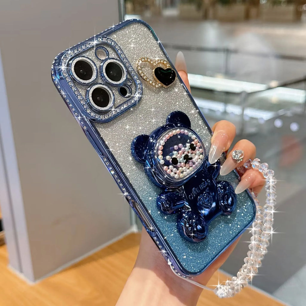 Colorful bead bear stand shiny cardstock electroplated soft case suitable for iPhone17 16 14 15 13 12 11 phone cases bead chain