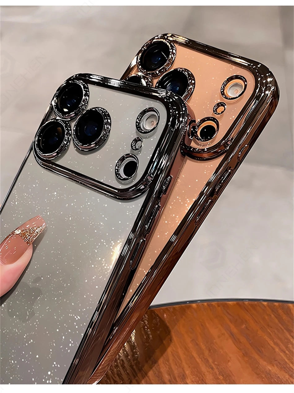Luxury Transparent Glitter Clear Slim Case For iPhone 12 13 14 Plus 15 16 17 Pro Max Orange Pating Bumper Lens Glass Hard Cover