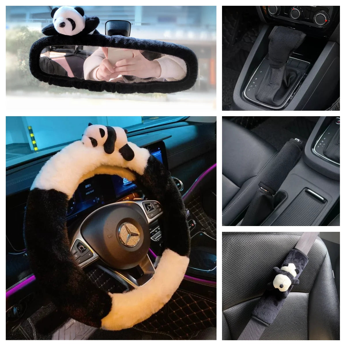 5PCS/Set Panda Plush Steering Wheel Cover for Winter Warm Non-Slip Handle & Gear Shift Cover for Women Car Interior Accessories CM World