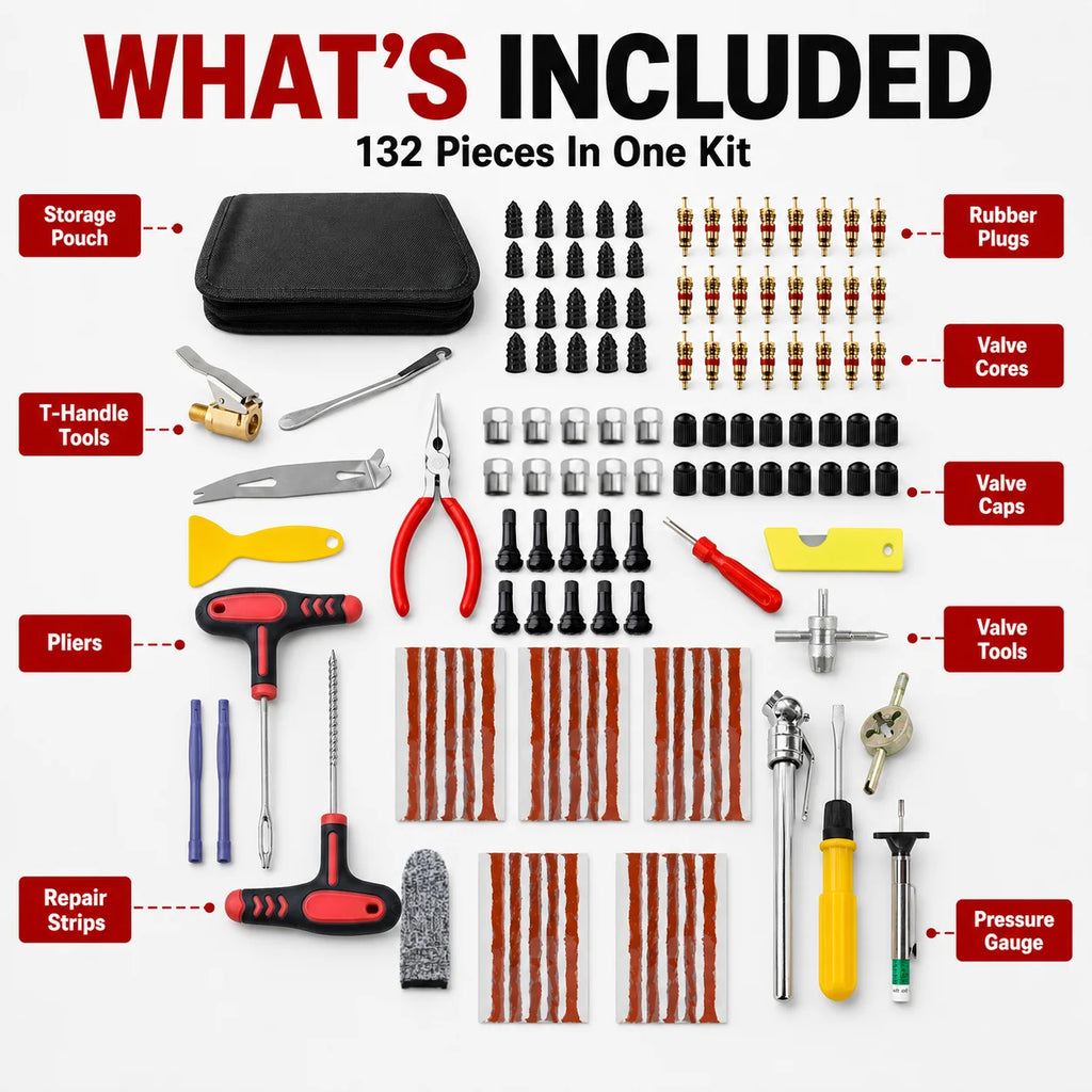 132Pcs Car Motorcycle Tire Repair Kit Puncture Plug Tools Tyre Puncture Emergency for Tire Strips Stirring Glue Repair Tool Kit