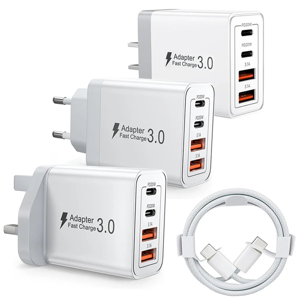 EU/UK/US/AU Plug Multi-Port USB-C/USB-A Wall Charger with Type C Cable, 40W Dual PD Fast Charging Block Mobile Phone Adapter Car Mobile World