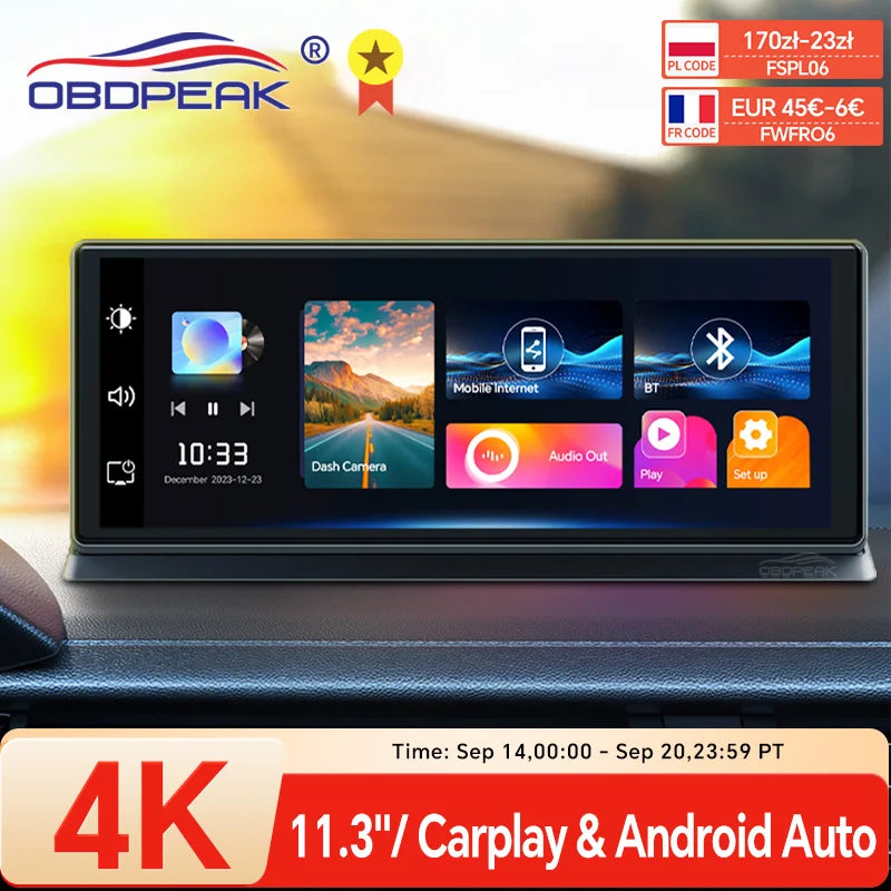 K2 Pro 11.3" Dash Cam 4K 2160P Car DVR Recording Carplay & Android Auto Wireless Connection 5G WiFi GPS Navigation Dashboard