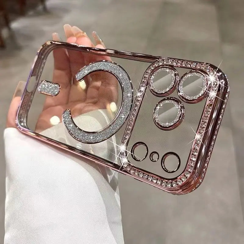 Plating Glitter Rhinestone Diamond Magnetic Phone Case For iPhone 17 Pro Max Air 17Pro For Magsafe Wireless Charging Clear Cover